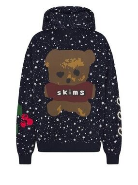 SKIMS Navy Starry Hoodie with Brown Teddy and Red Banner